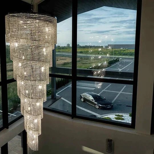 Extra Large Spiral Tiered Long Crystal Chandelier Luxury Crystal Tassel Light Fixture For Staircase/Entryway - D59.1"*H118.1"GoldBlushlighting
