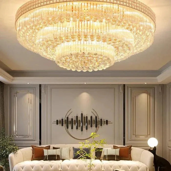 Extra Large Three Layers Round Luxury Flush Mounted Crystal Chandelier for Living Room - D31.5"*H14.2"Warm LightBlushlighting