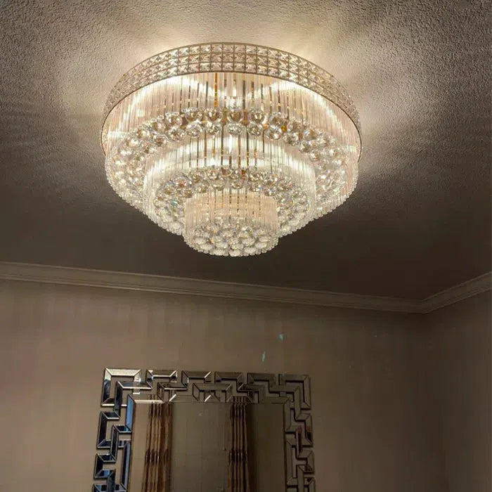 Extra Large Three Layers Round Luxury Flush Mounted Crystal Chandelier for Living Room-Merlin Lamps-D31.5"*H14.2"-Warm Light-Brass-merlinlamps