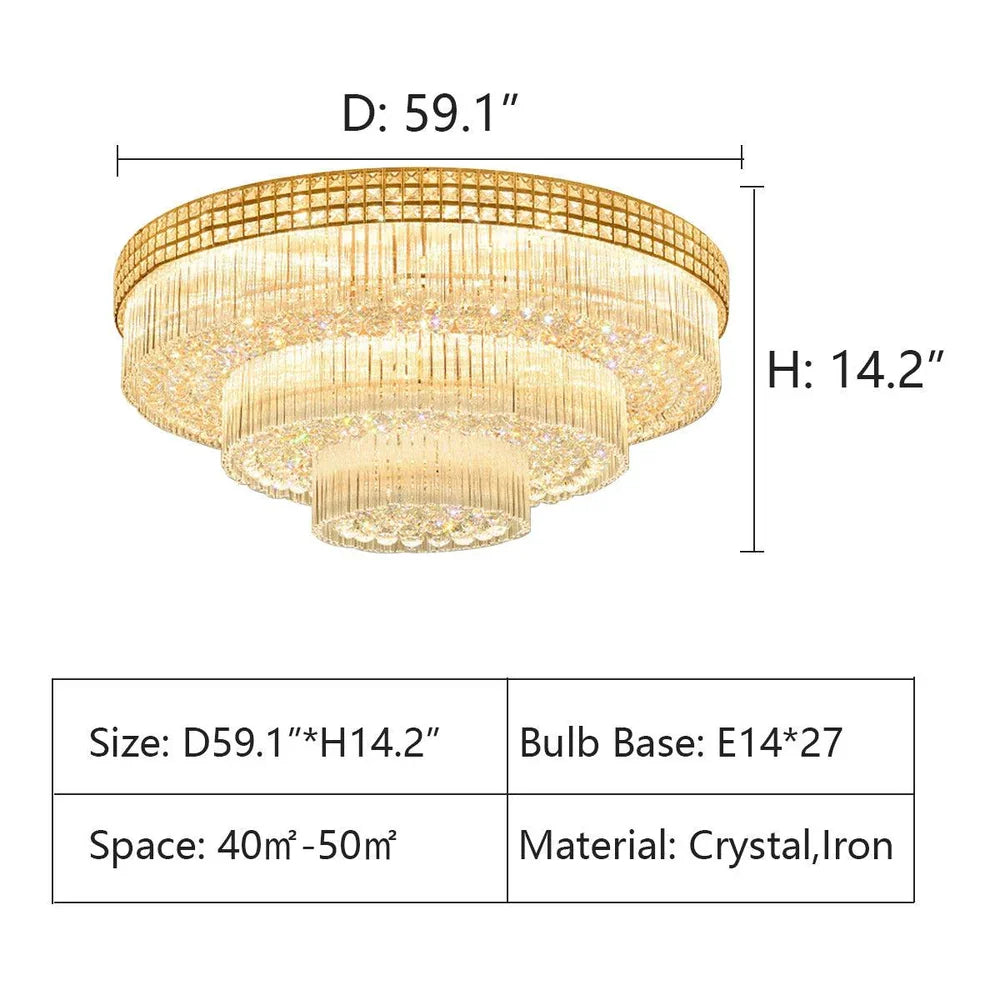 Extra Large Three Layers Round Luxury Flush Mounted Crystal Chandelier for Living Room-Merlin Lamps-D31.5"*H14.2"-Warm Light-Brass-merlinlamps