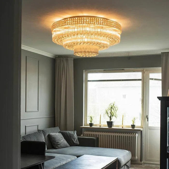 Extra Large Three Layers Round Luxury Flush Mounted Crystal Chandelier for Living Room-Merlin Lamps-D31.5"*H14.2"-Warm Light-Brass-merlinlamps