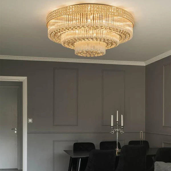 Extra Large Three Layers Round Luxury Flush Mounted Crystal Chandelier for Living Room-Merlin Lamps-D31.5"*H14.2"-Warm Light-Brass-merlinlamps