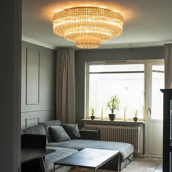 Extra Large Three Layers Round Luxury Flush Mounted Crystal Chandelier for Living Room-Merlin Lamps-D31.5"*H14.2"-Warm Light-Brass-merlinlamps
