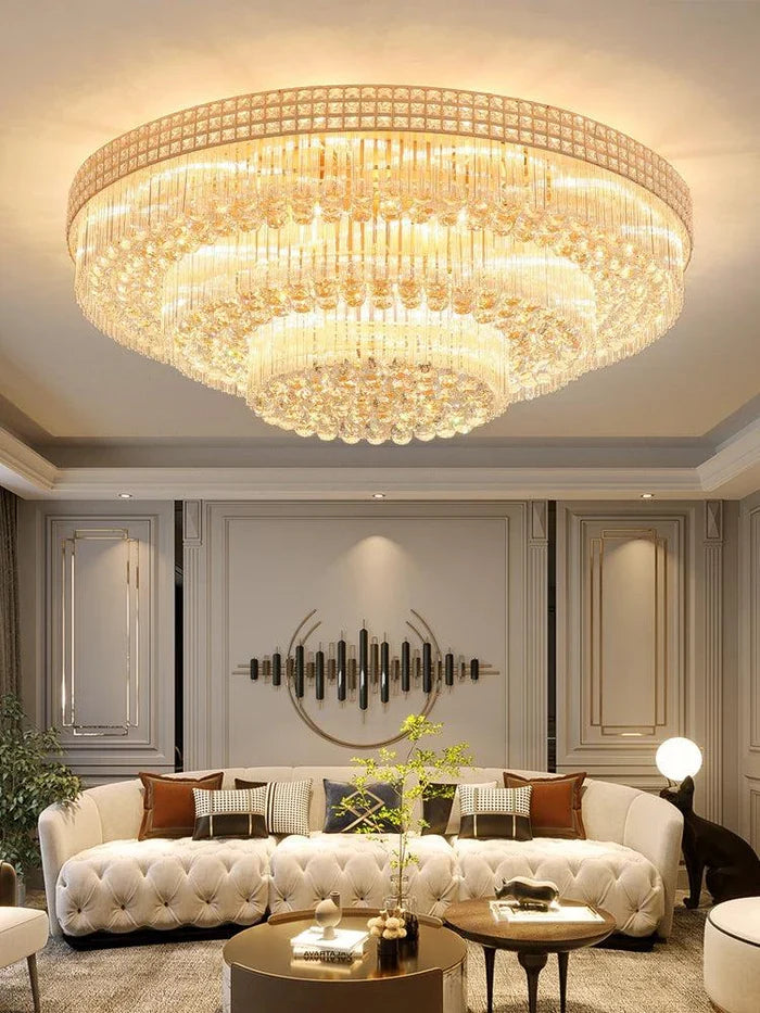 Extra Large Three Layers Round Luxury Flush Mounted Crystal Chandelier for Living Room-Merlin Lamps-D31.5"*H14.2"-Warm Light-Brass-merlinlamps