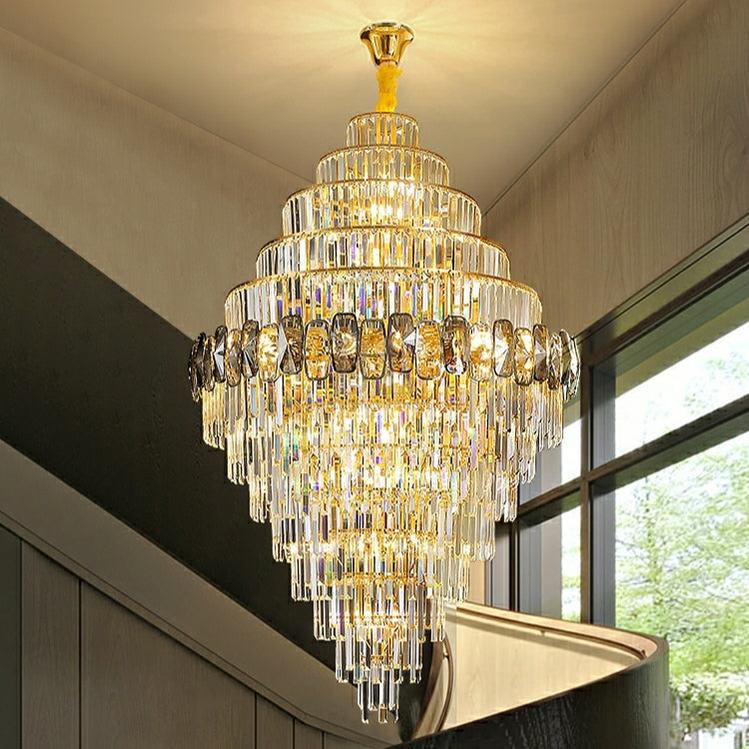 Fashion Large Staircase Chandelier For Foyer Living Room Entrance Crystal Ceiling Light Fixture In Gold Finish - D31.5"*H47.2"/ 29 LightsBlushlighting