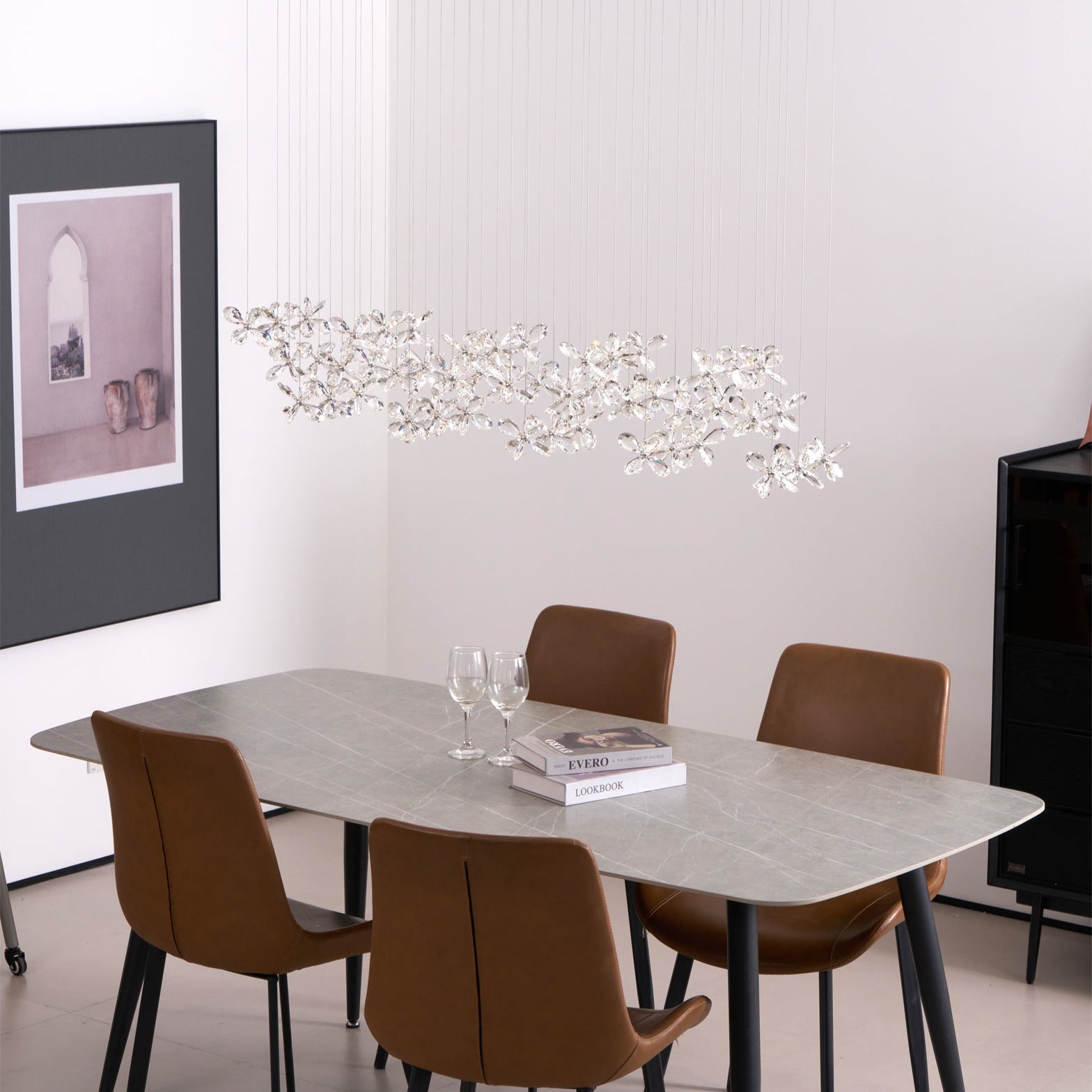 Floating Butterfly Chandelier - Long Canopy L 39.4″ x H 9.8″ x H 59.1″Silver & ClearWarm LightBlushlighting