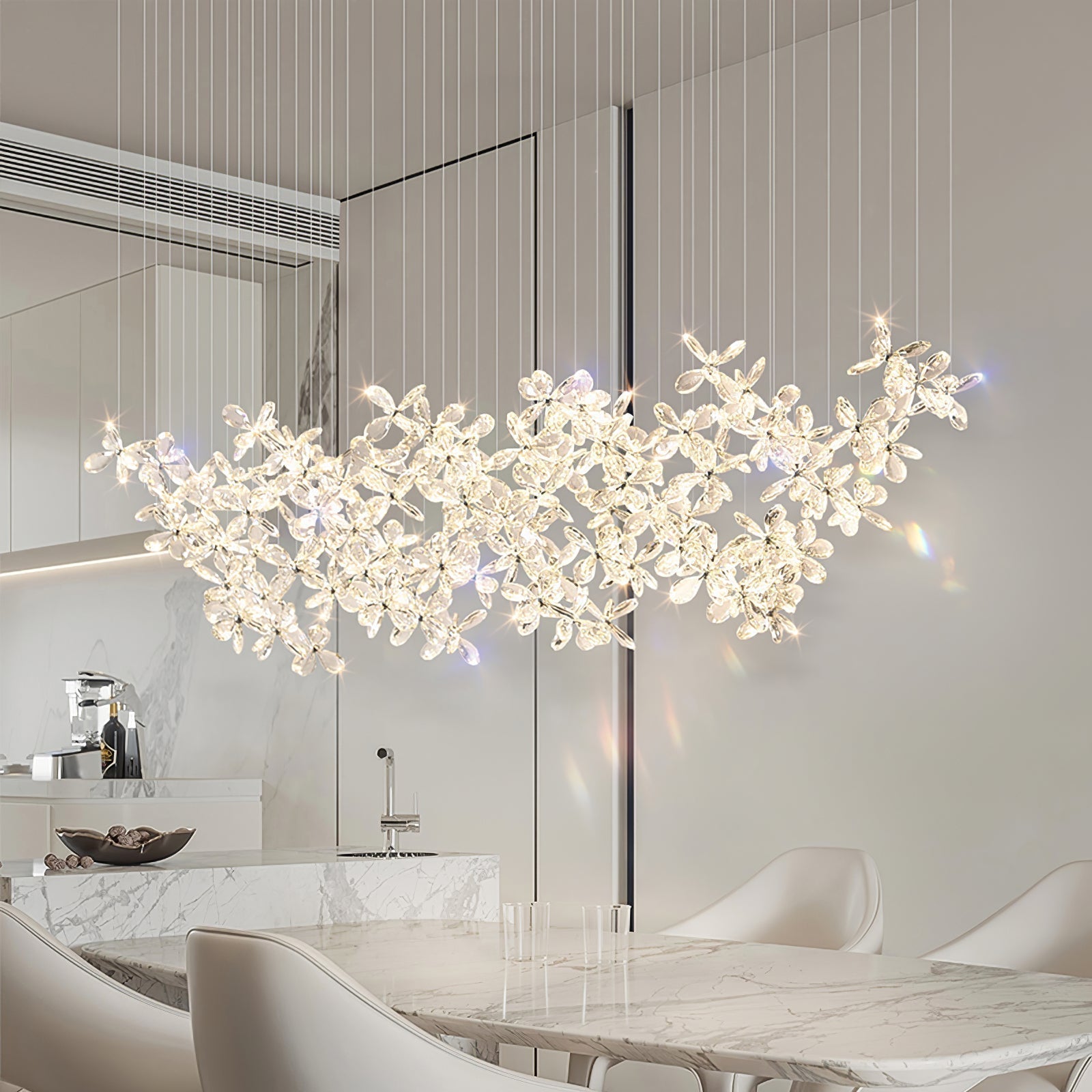 Floating Butterfly Chandelier - Long Canopy L 39.4″ x H 9.8″ x H 59.1″Silver & ClearWarm LightBlushlighting