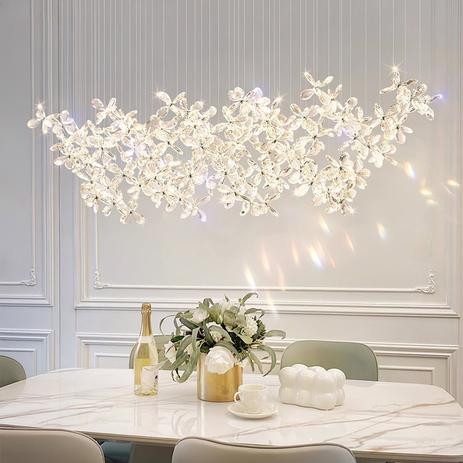 Floating Butterfly Chandelier - Long Canopy L 39.4″ x H 9.8″ x H 59.1″Silver & ClearWarm LightBlushlighting