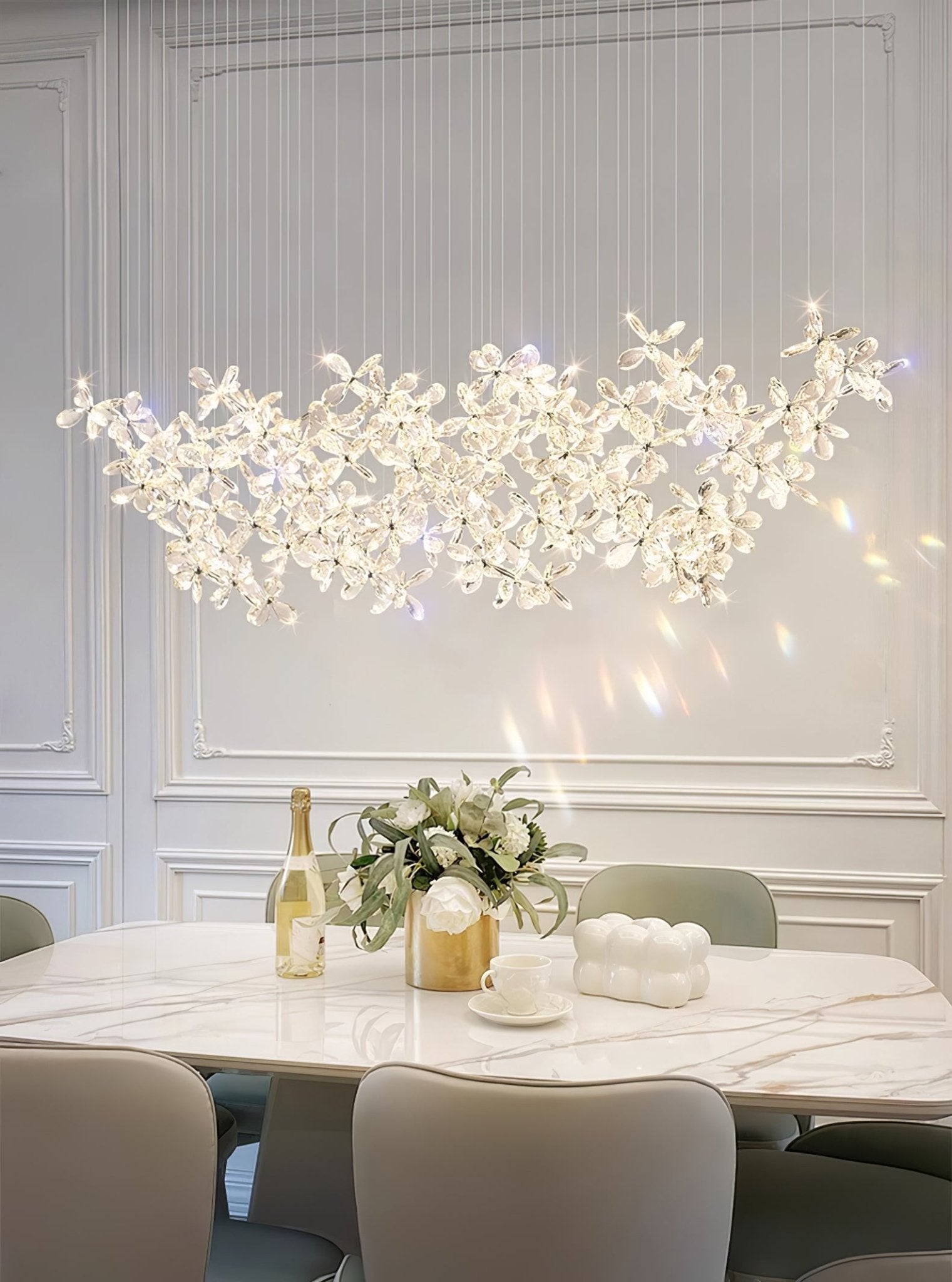 Floating Butterfly Chandelier - Long Canopy L 39.4″ x H 9.8″ x H 59.1″Silver & ClearWarm LightBlushlighting