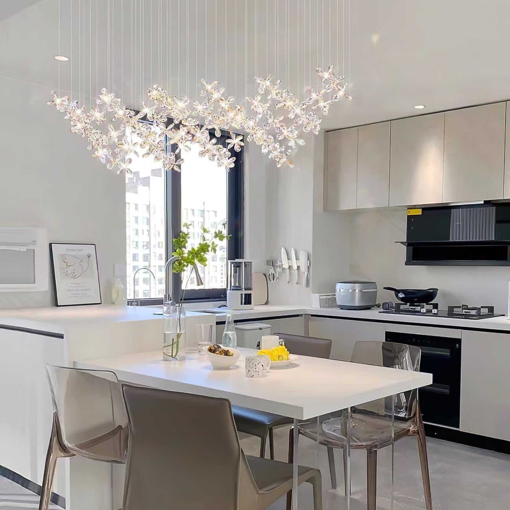Floating Butterfly Chandelier - Long Canopy L 39.4″ x H 9.8″ x H 59.1″Silver & ClearWarm LightBlushlighting