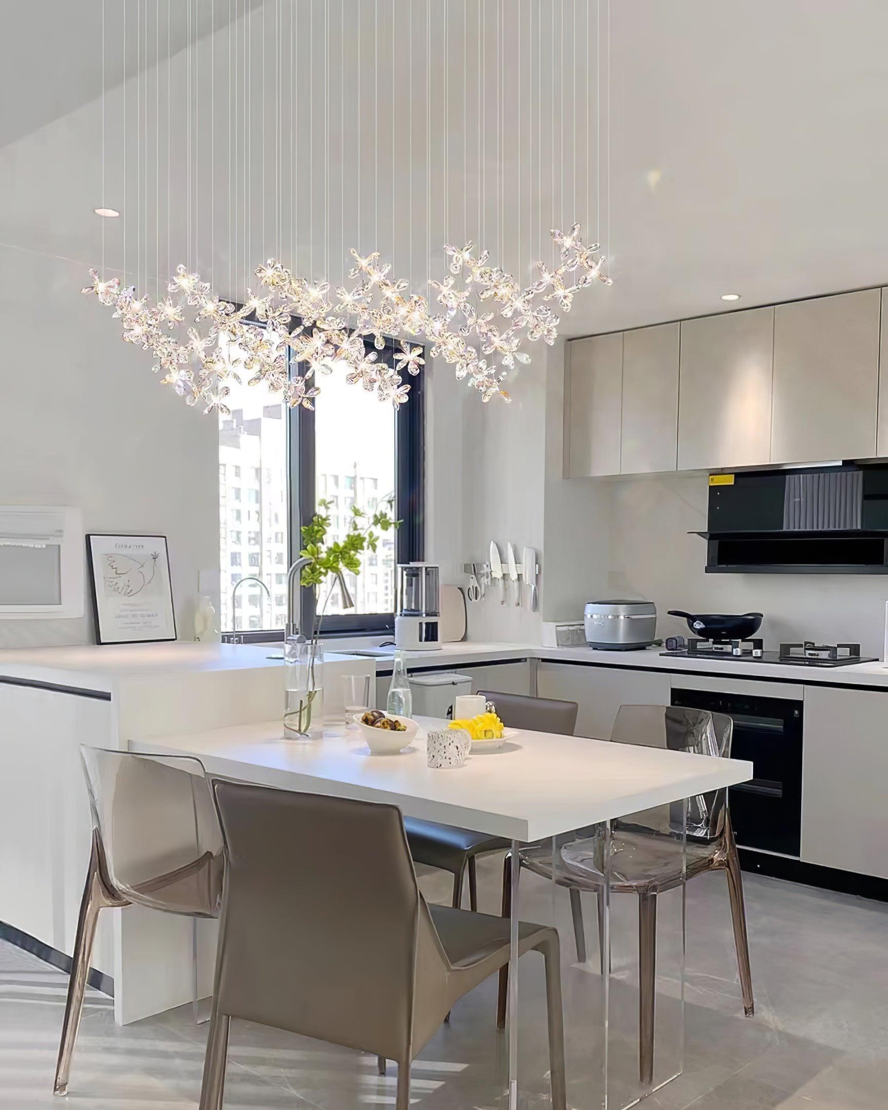 Floating Butterfly Chandelier - Long Canopy L 39.4″ x H 9.8″ x H 59.1″Silver & ClearWarm LightBlushlighting