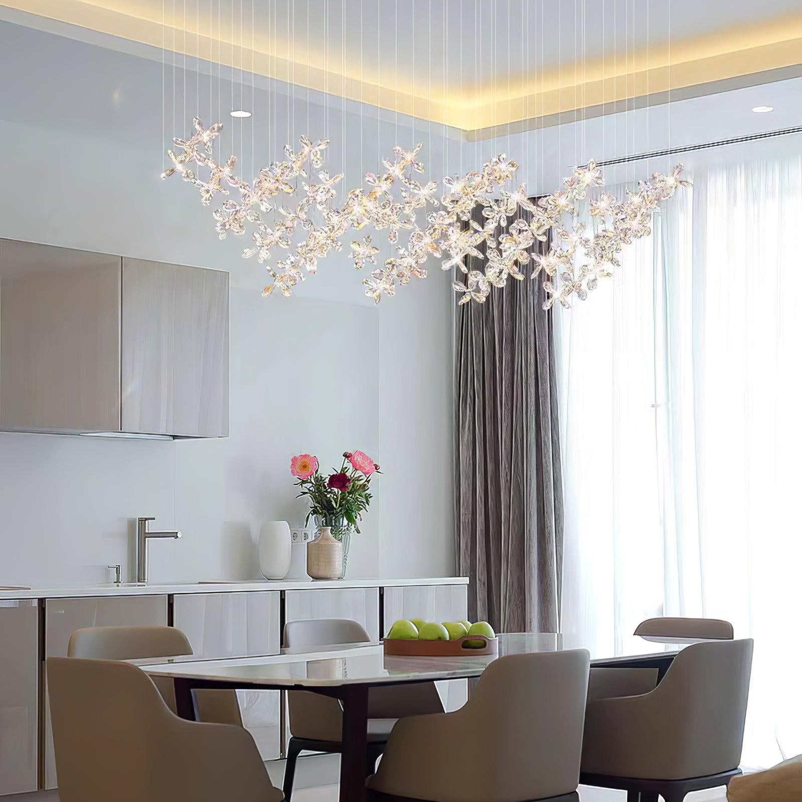 Floating Butterfly Chandelier - Long Canopy L 39.4″ x H 9.8″ x H 59.1″Silver & ClearWarm LightBlushlighting