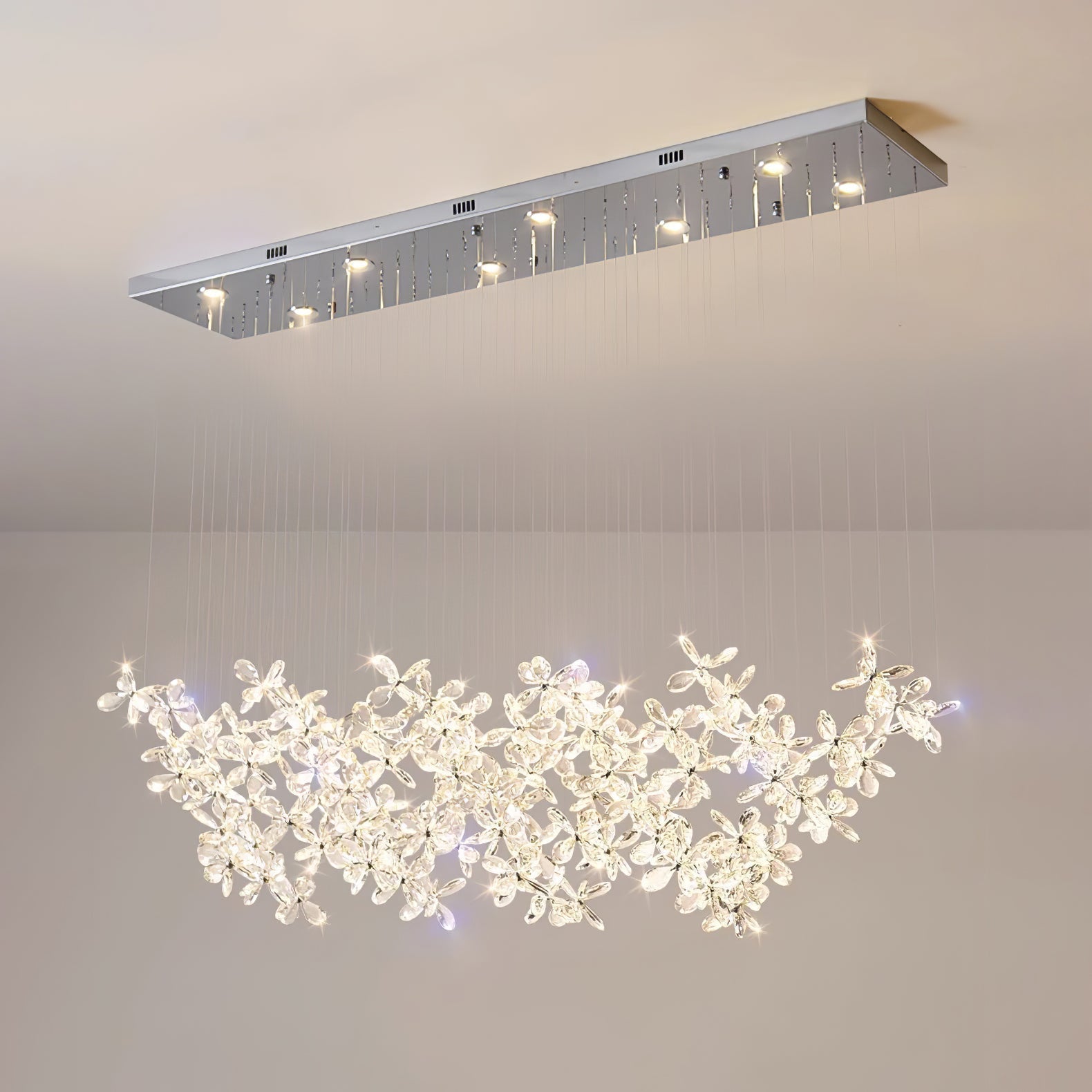 Floating Butterfly Chandelier - Long Canopy L 39.4″ x H 9.8″ x H 59.1″Silver & ClearWarm LightBlushlighting