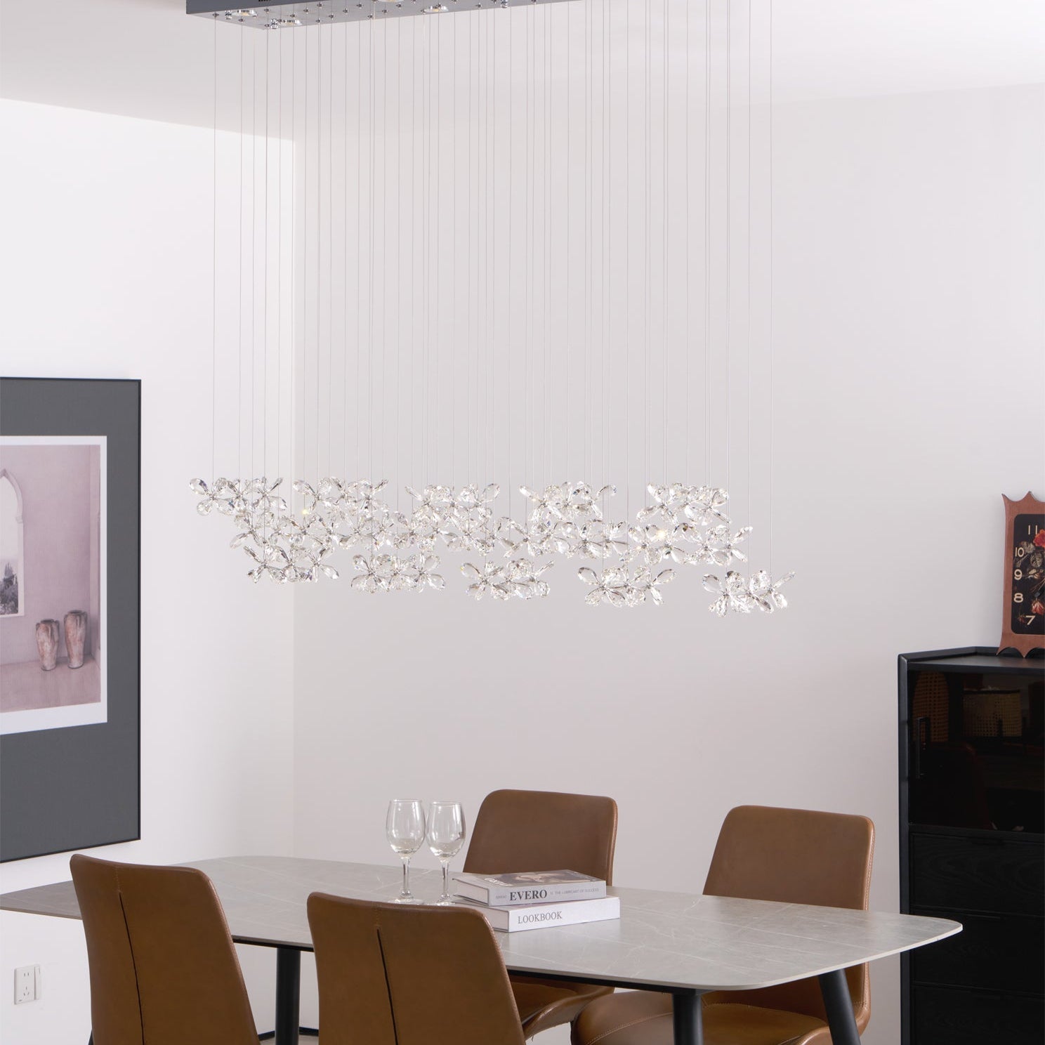 Floating Butterfly Chandelier - Long Canopy L 39.4″ x H 9.8″ x H 59.1″Silver & ClearWarm LightBlushlighting