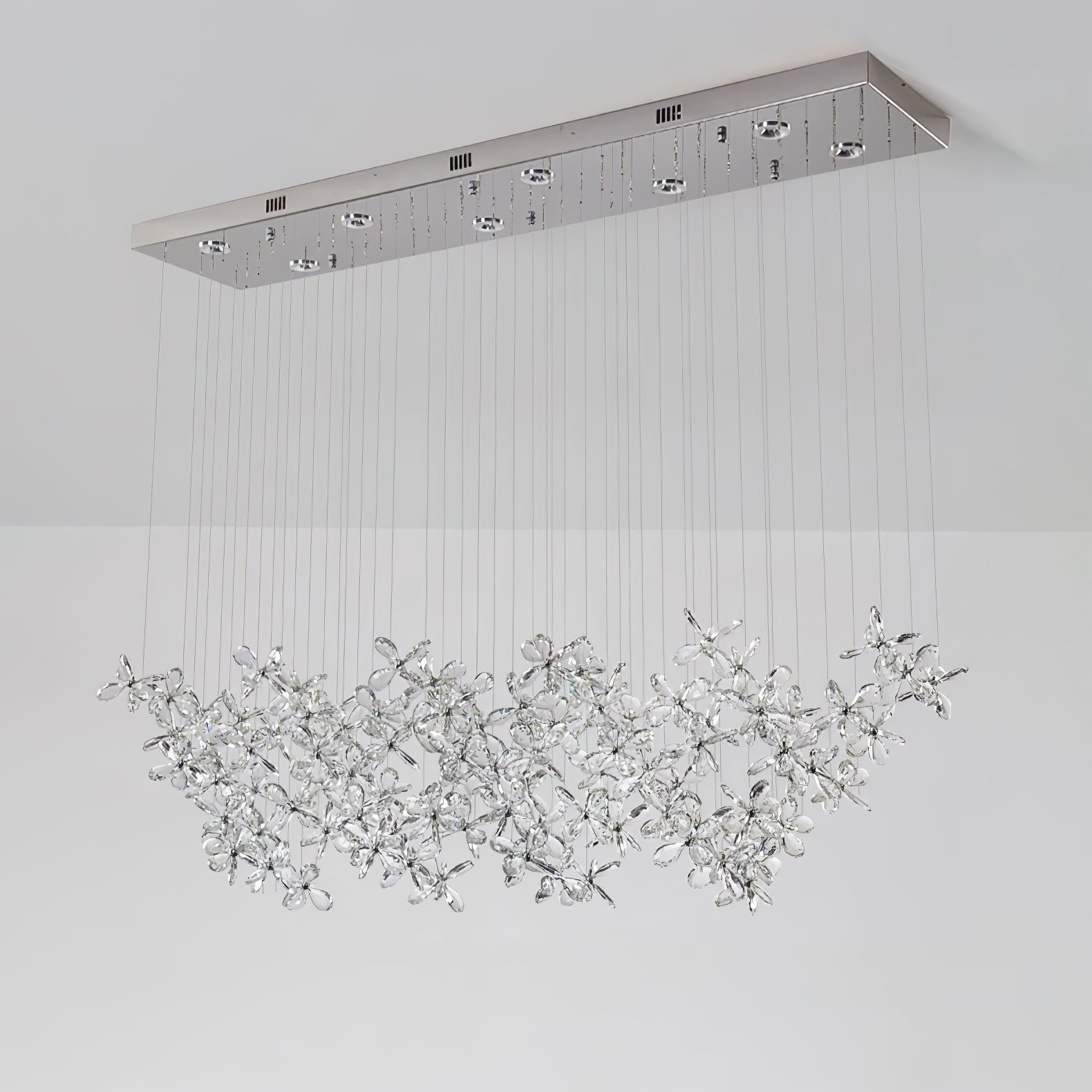 Floating Butterfly Chandelier - Long Canopy L 39.4″ x H 9.8″ x H 59.1″Silver & ClearWarm LightBlushlighting