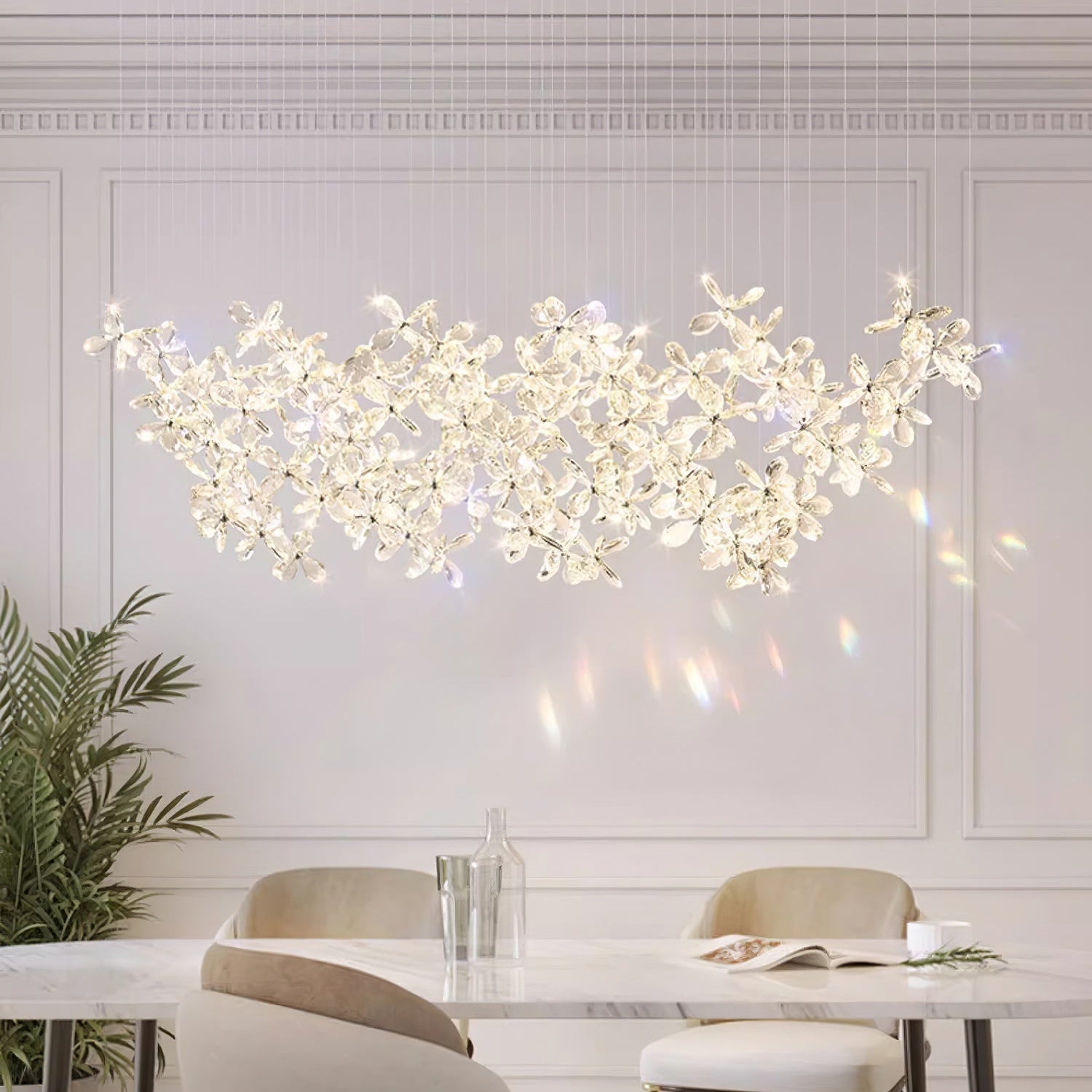 Floating Butterfly Chandelier - Long Canopy L 39.4″ x H 9.8″ x H 59.1″Silver & ClearWarm LightBlushlighting