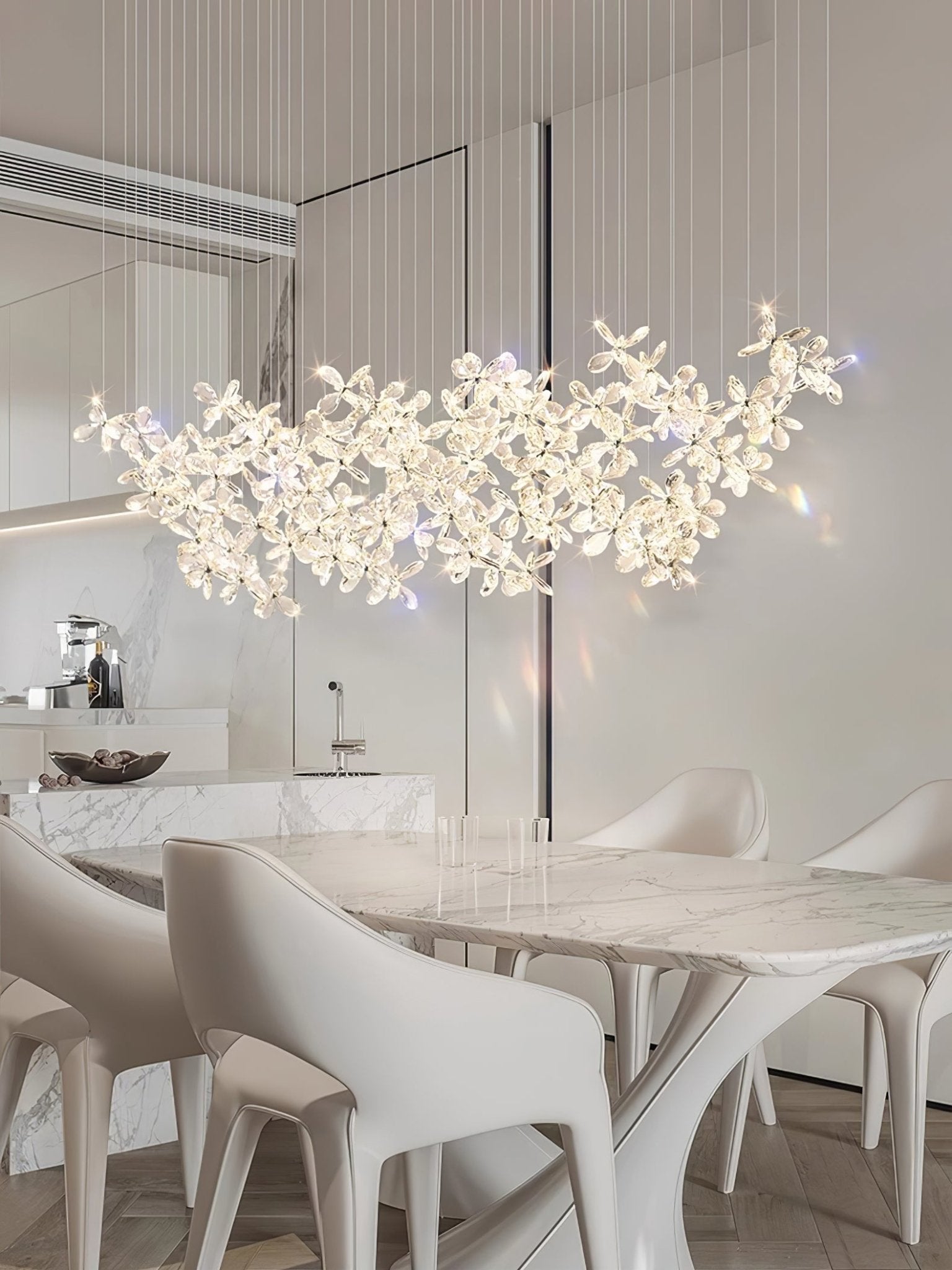 Floating Butterfly Chandelier - Long Canopy L 39.4″ x H 9.8″ x H 59.1″Silver & ClearWarm LightBlushlighting