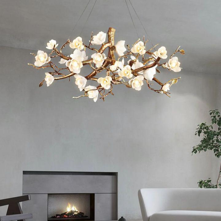 Flower Bloom Branch Brass Chandelier-chandeliers for dining room,chandeliers for stairways,chandeliers for foyer,chandeliers for bedrooms,chandeliers for kitchen,chandeliers for living room-Brass and White-Dia 31.5″(80cm) x H 15.7″(40cm)-Blushlighting