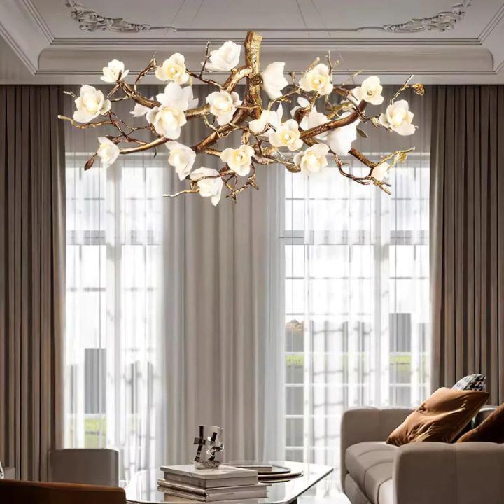 Flower Bloom Branch Brass Chandelier-chandeliers for dining room,chandeliers for stairways,chandeliers for foyer,chandeliers for bedrooms,chandeliers for kitchen,chandeliers for living room-Brass and White-Dia 39.4″(100cm) x H 17.7″(45cm)-Blushlighting
