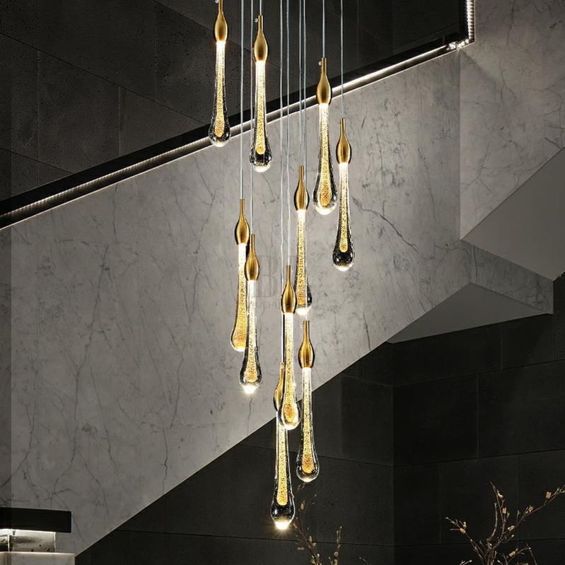 Foyer Glass Drops Pendant Chandelier Spiral Staircase High Ceiling Light Fixture In Gold Finish - 12 Lights/ D15.8"*H118.1"L15.75"Blushlighting