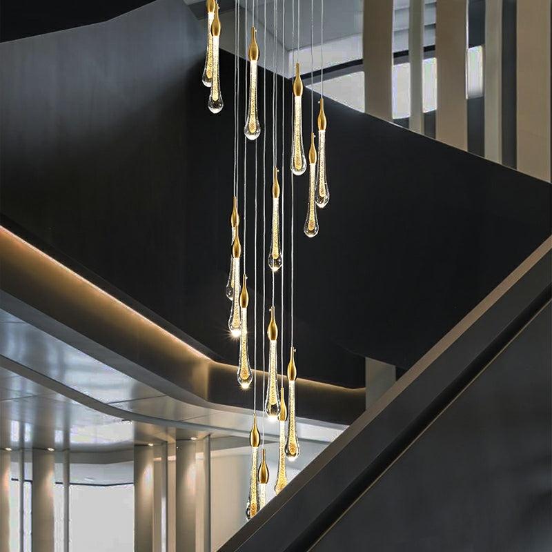 Foyer Glass Drops Pendant Chandelier Spiral Staircase High Ceiling Light Fixture In Gold Finish - 12 Lights/ D15.8"*H118.1"L15.75"Blushlighting