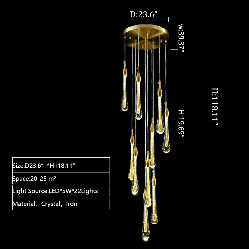 Foyer Glass Drops Pendant Chandelier Spiral Staircase High Ceiling Light Fixture In Gold Finish - 22 Lights/ D23.6"*H118.1"L15.75"Blushlighting