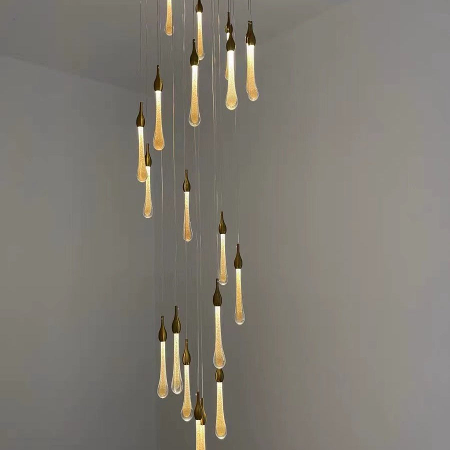 Foyer Glass Drops Pendant Chandelier Spiral Staircase High Ceiling Light Fixture In Gold Finish - 12 Lights/ D15.8"*H118.1"L15.75"Blushlighting