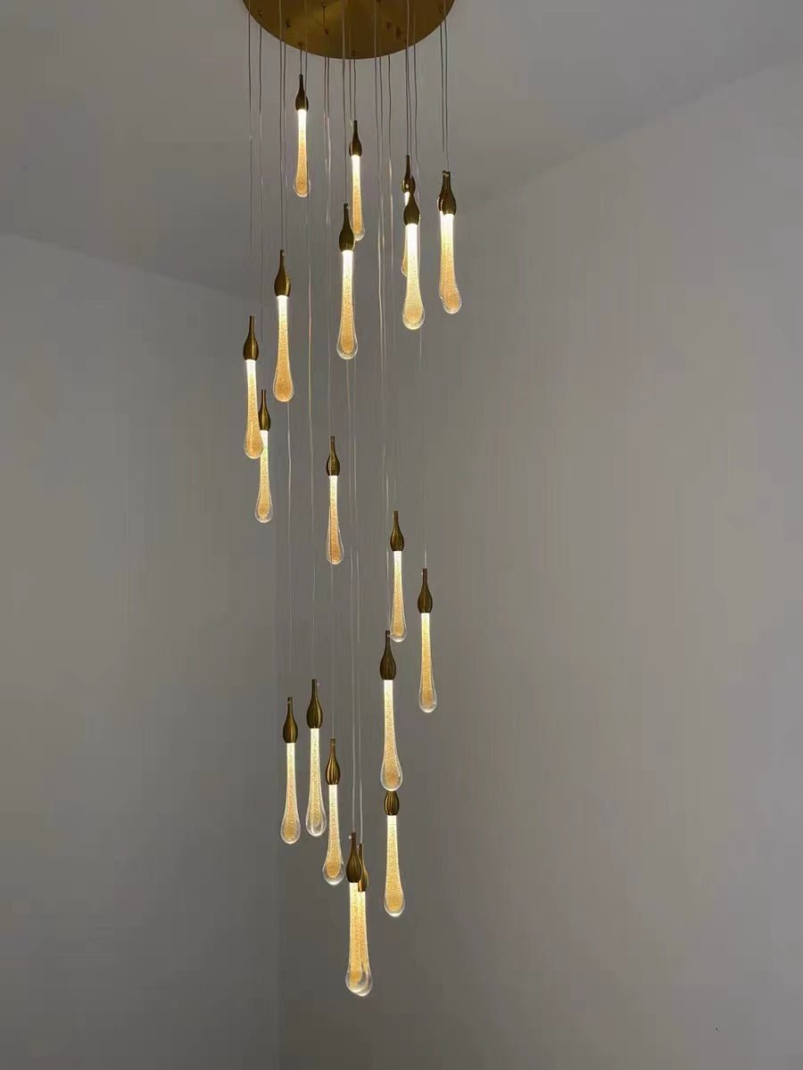 Foyer Glass Drops Pendant Chandelier Spiral Staircase High Ceiling Light Fixture In Gold Finish - 12 Lights/ D15.8"*H118.1"L15.75"Blushlighting
