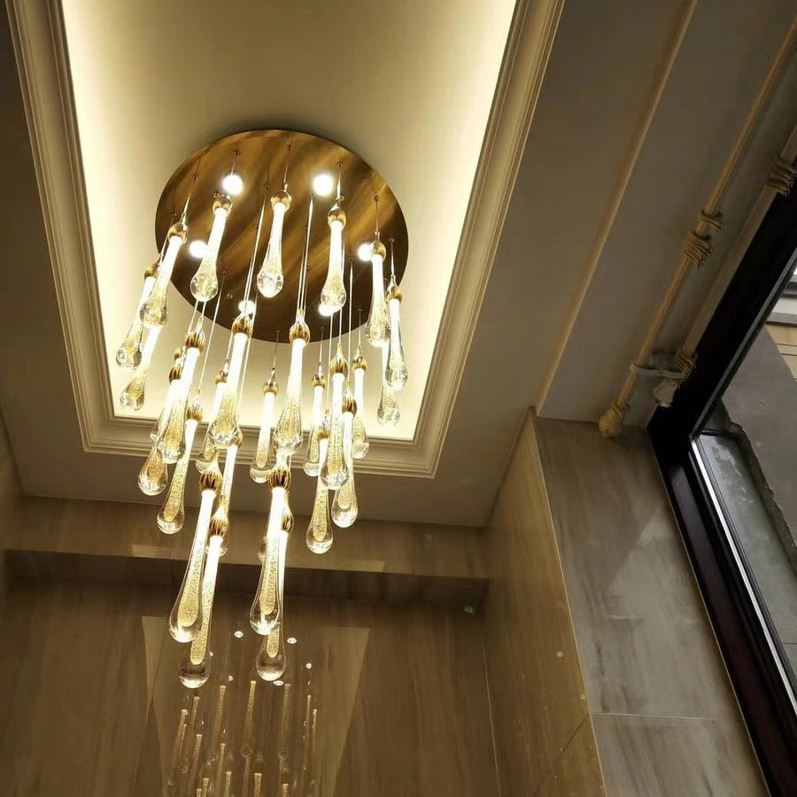 Foyer Glass Drops Pendant Chandelier Spiral Staircase High Ceiling Light Fixture In Gold Finish - 48 Lights/ D39.4"*H118.1"L15.75"Blushlighting
