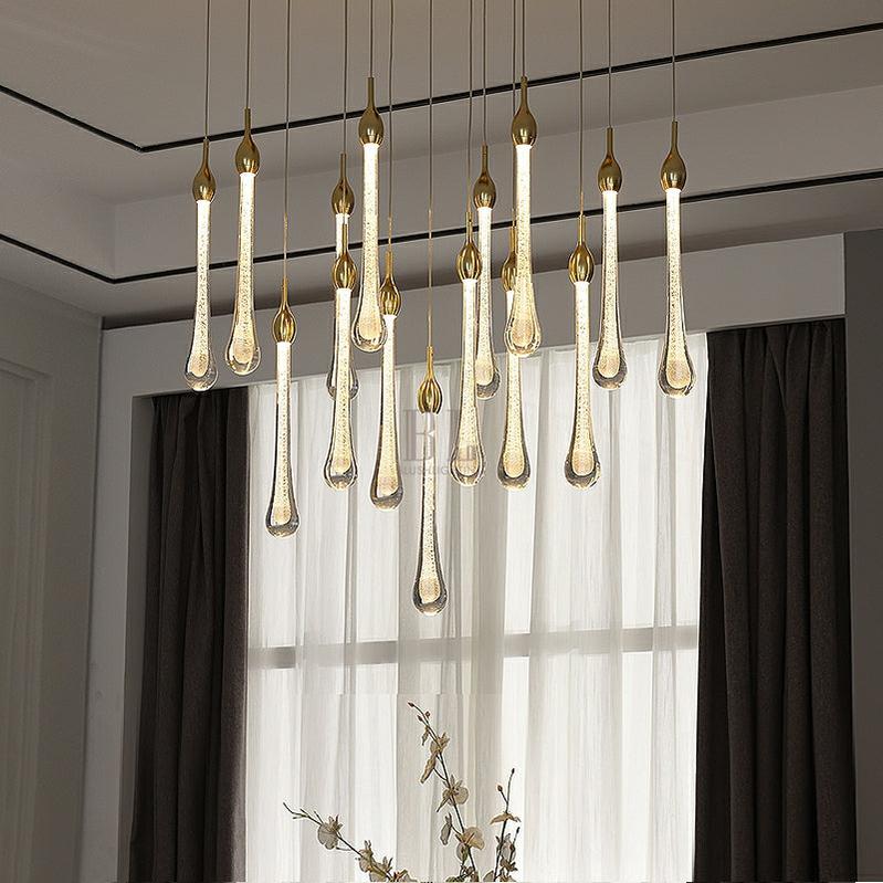Foyer Glass Drops Pendant Chandelier Spiral Staircase High Ceiling Light Fixture In Gold Finish - 12 Lights/ D15.8"*H118.1"L15.75"Blushlighting