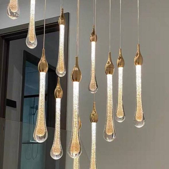 Foyer Glass Drops Pendant Chandelier Spiral Staircase High Ceiling Light Fixture In Gold Finish - 48 Lights/ D39.4"*H118.1"L15.75"Blushlighting