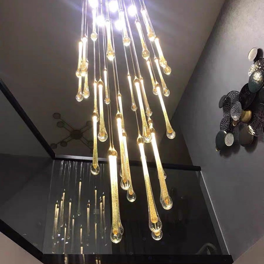 Foyer Glass Drops Pendant Chandelier Spiral Staircase High Ceiling Light Fixture In Gold Finish - 48 Lights/ D39.4"*H118.1"L15.75"Blushlighting
