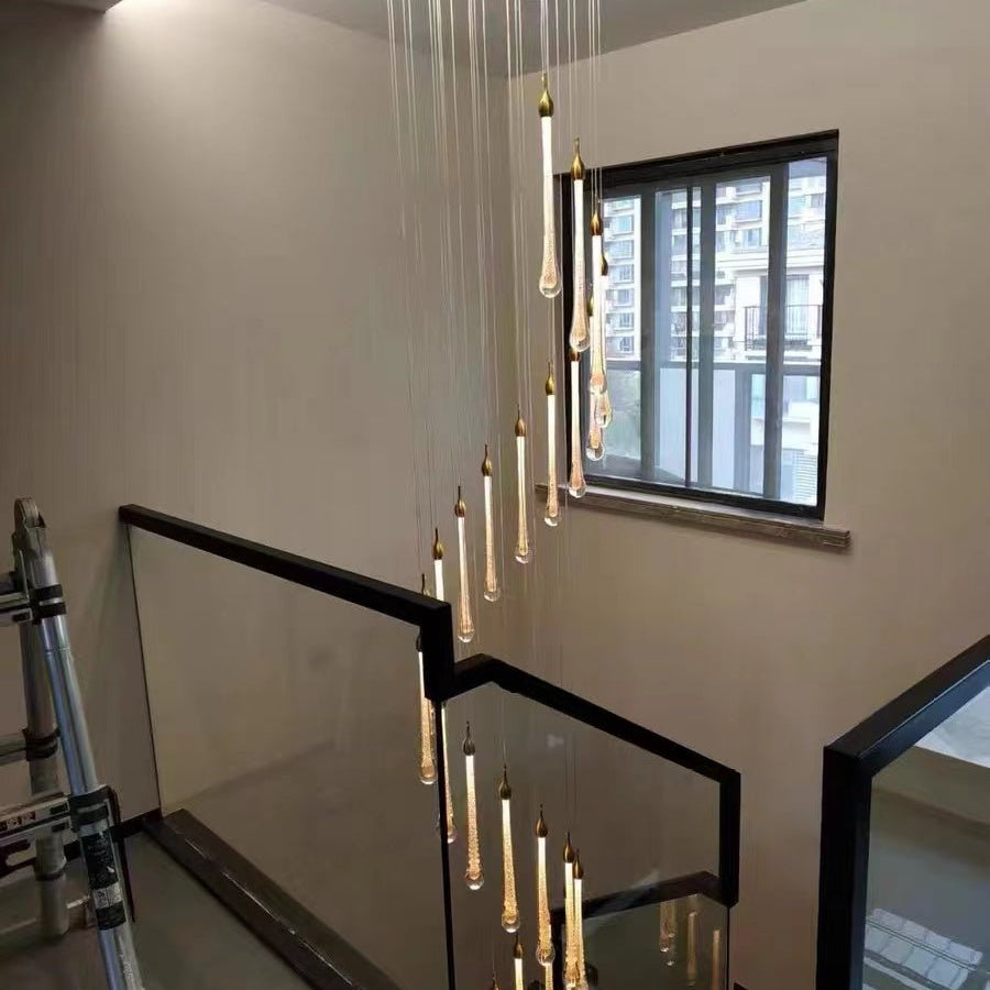 Foyer Glass Drops Pendant Chandelier Spiral Staircase High Ceiling Light Fixture In Gold Finish - 12 Lights/ D15.8"*H118.1"L15.75"Blushlighting