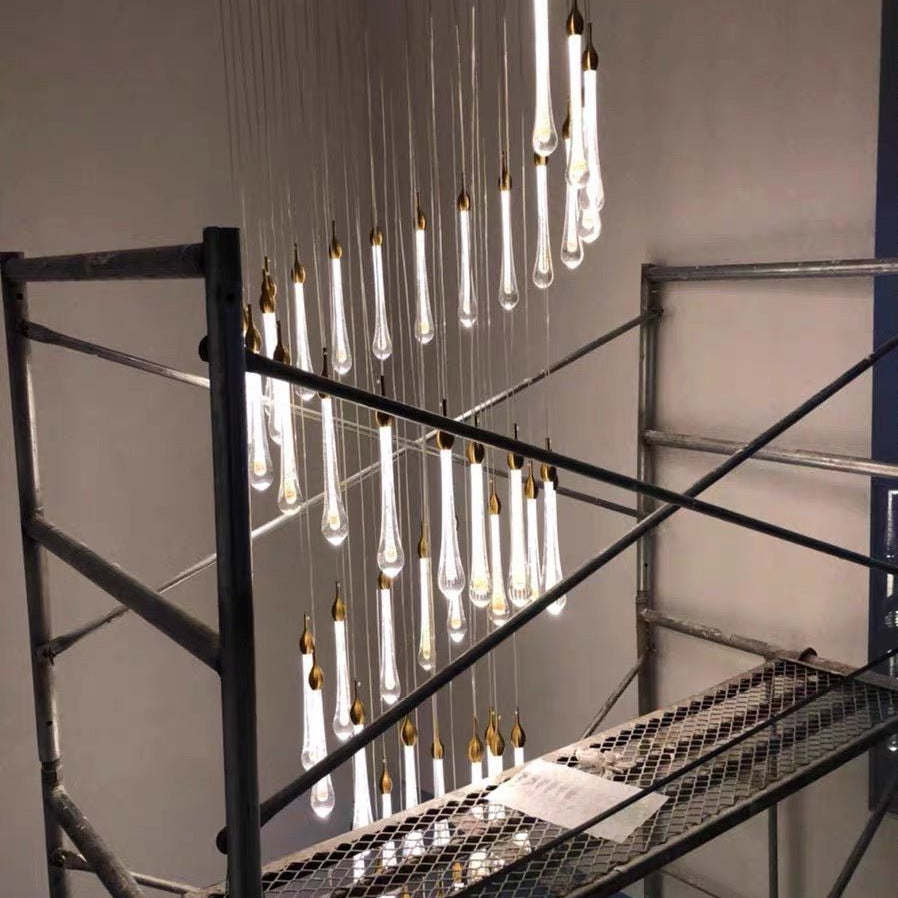Foyer Glass Drops Pendant Chandelier Spiral Staircase High Ceiling Light Fixture In Gold Finish - 48 Lights/ D39.4"*H118.1"L15.75"Blushlighting