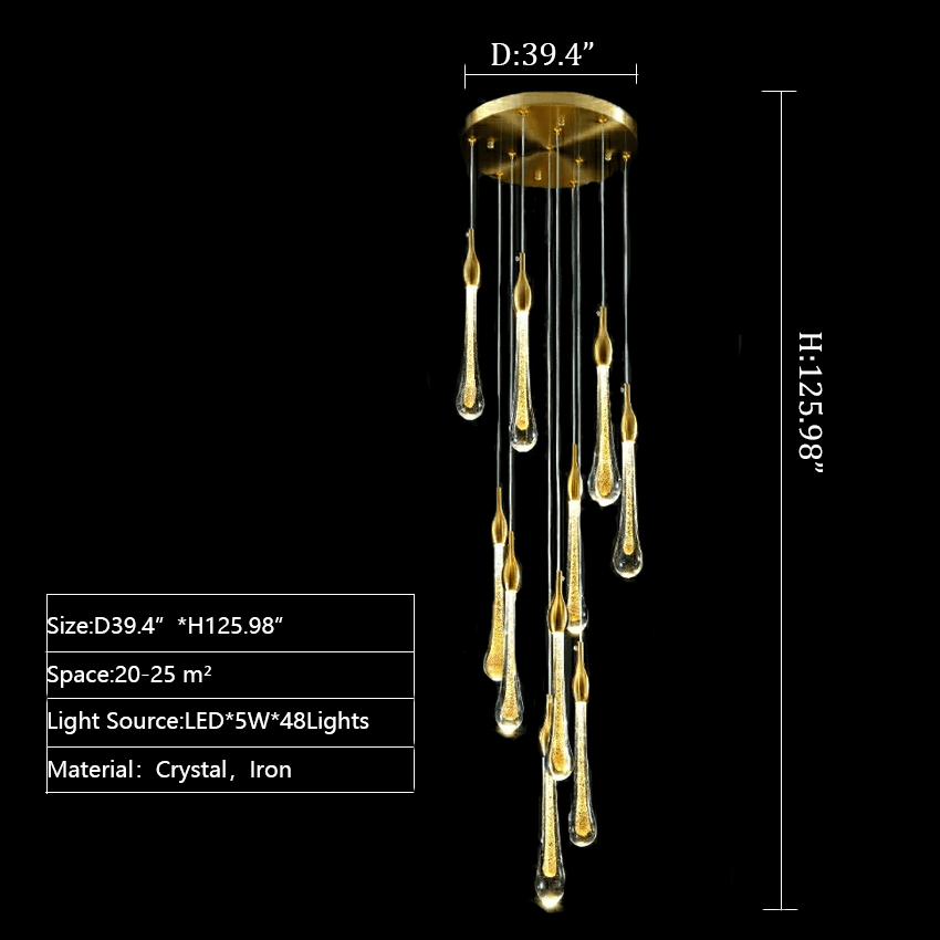 Foyer Glass Drops Pendant Chandelier Spiral Staircase High Ceiling Light Fixture In Gold Finish - 48 Lights/ D39.4"*H118.1"L15.75"Blushlighting