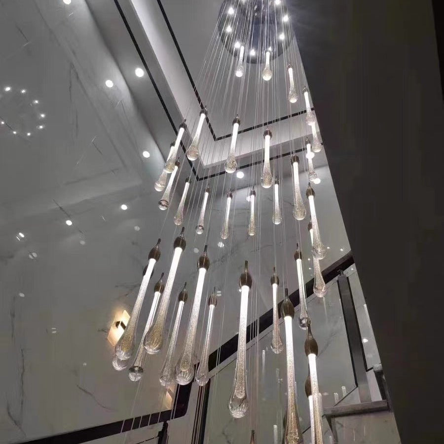 Foyer Glass Drops Pendant Chandelier Spiral Staircase High Ceiling Light Fixture In Gold Finish - 48 Lights/ D39.4"*H118.1"L15.75"Blushlighting