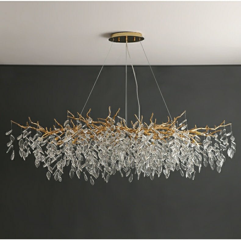 French Branch Crystal Chandelier with Elegant Crystal Leaves - Rectangle L 55.1"*W19.7"*H19.7"/14 Lights/23.7kgWarm LightBlushlighting