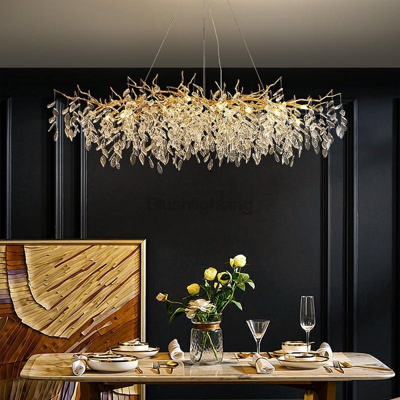 French Branch Crystal Chandelier with Elegant Crystal Leaves - Rectangle L 63"*W21.65"*H19.7"/16 Lights/45kgWarm LightBlushlighting