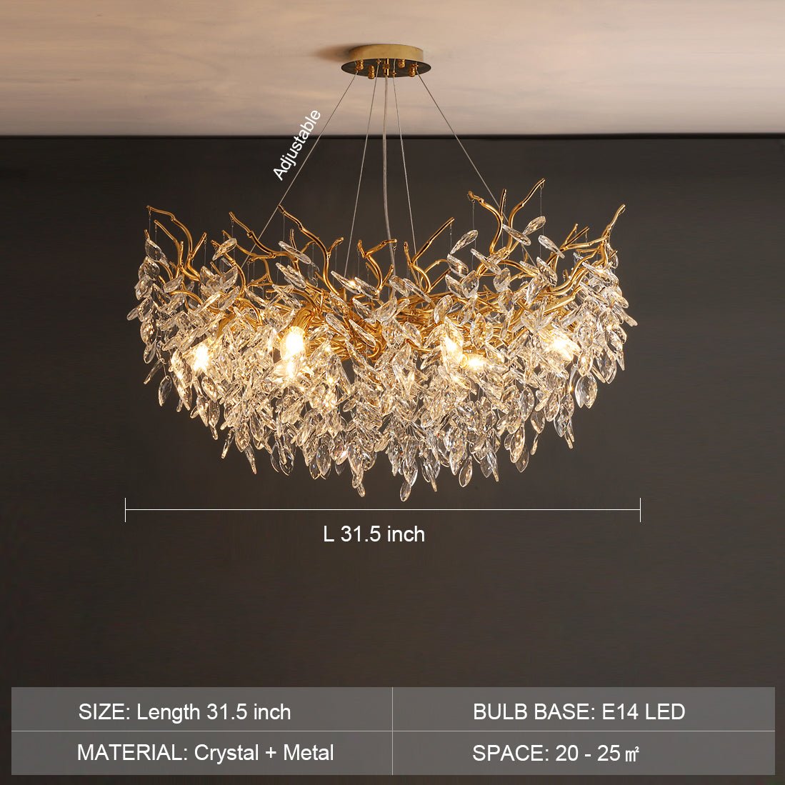 French Branch Crystal Chandelier with Elegant Crystal Leaves - Round D 31.5"/10 Lights/18.9kgWarm LightBlushlighting
