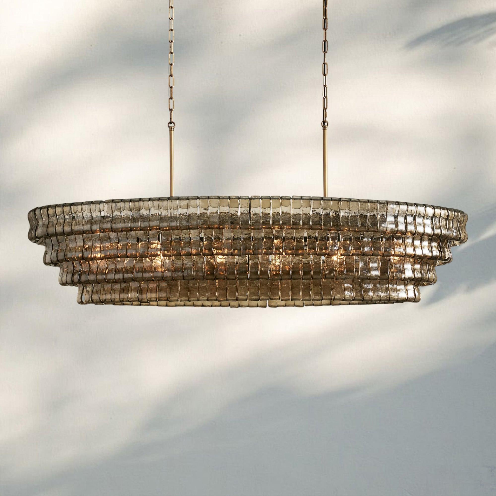 Ghiacio Glass Oval Chandelier 54''65''-Lacquered Burnished Brass-Smoke-65"