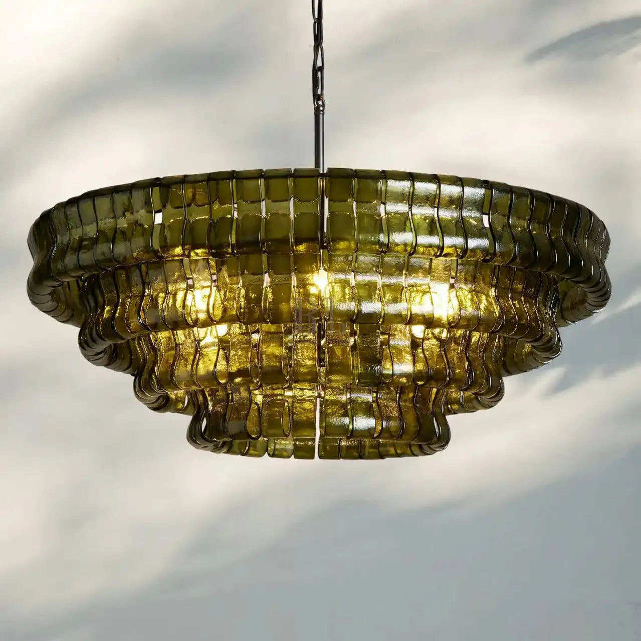 Ghiaccio Glass Round Chandelier 24" 36" 48" 60" - 3 - Tier 24"BronzeGreenBlushlighting