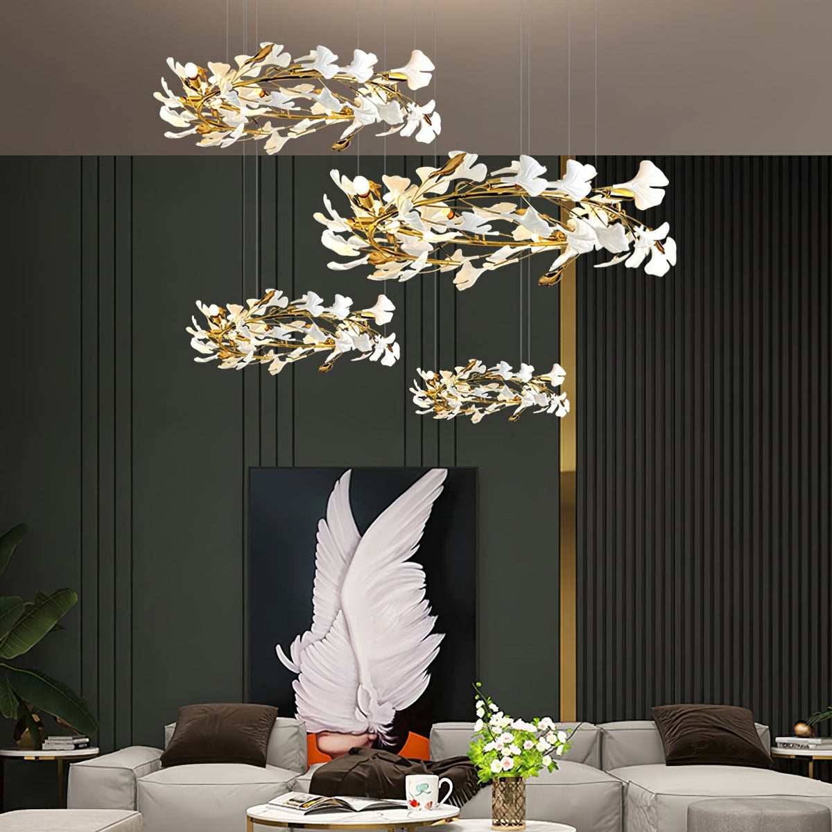 Gingko Leaves Chandelier - L 196.8″ x W 31.5″ x H 59.1″White & GoldBlushlighting