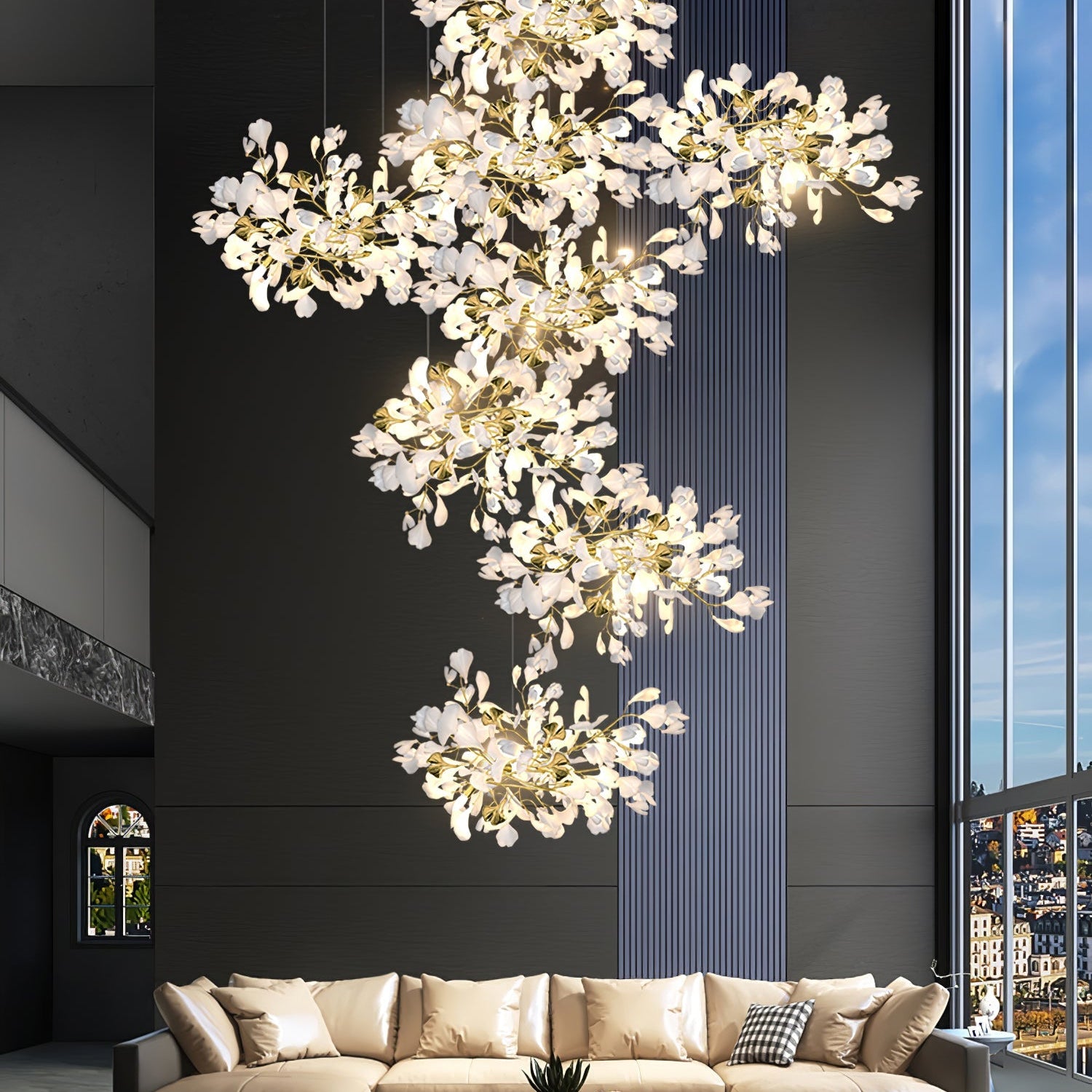 Gingko Leaves Chandelier - L 196.8″ x W 31.5″ x H 59.1″White & GoldBlushlighting