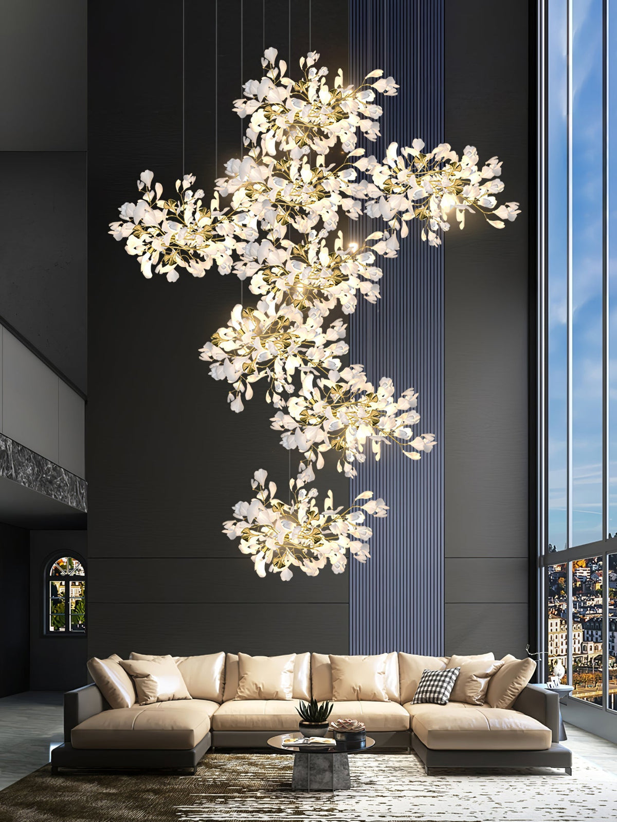 Gingko Leaves Chandelier - L 196.8″ x W 31.5″ x H 59.1″White & GoldBlushlighting