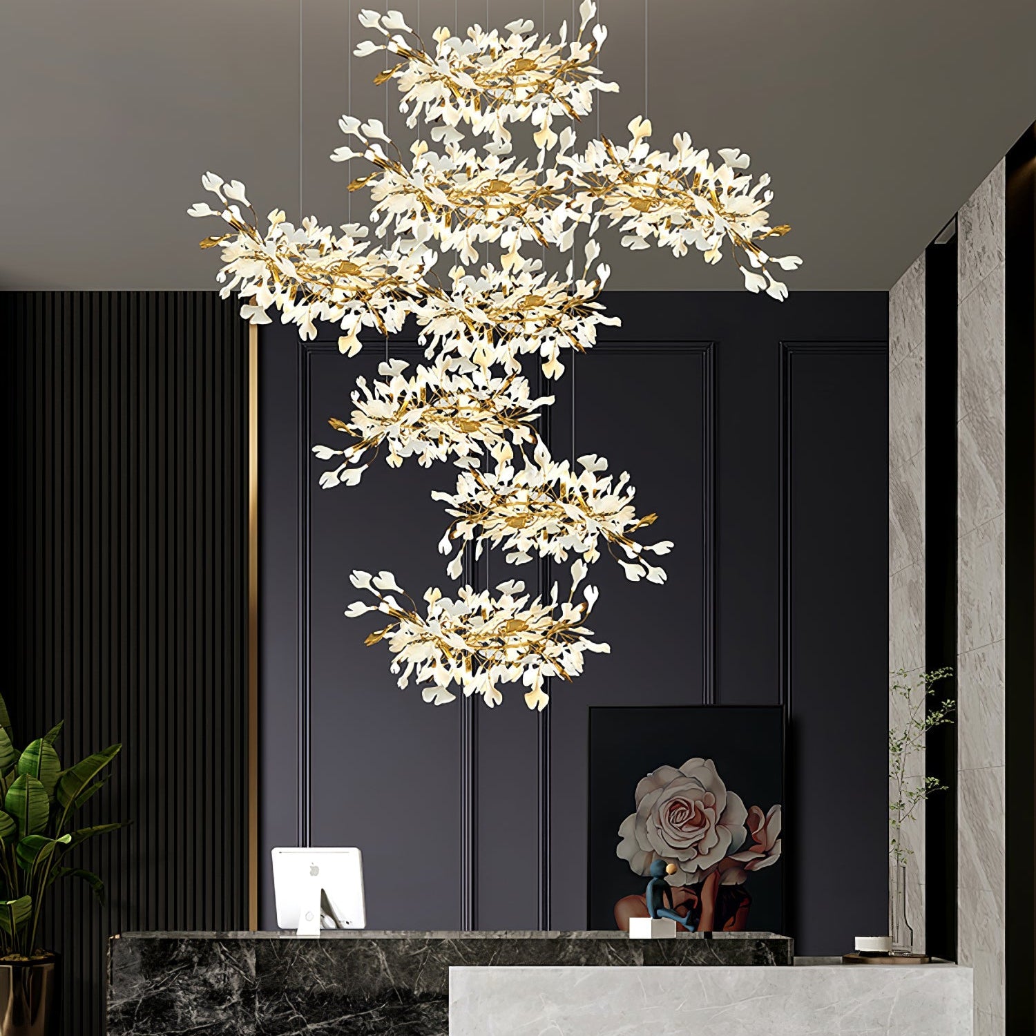 Gingko Leaves Chandelier - L 196.8″ x W 31.5″ x H 59.1″White & GoldBlushlighting