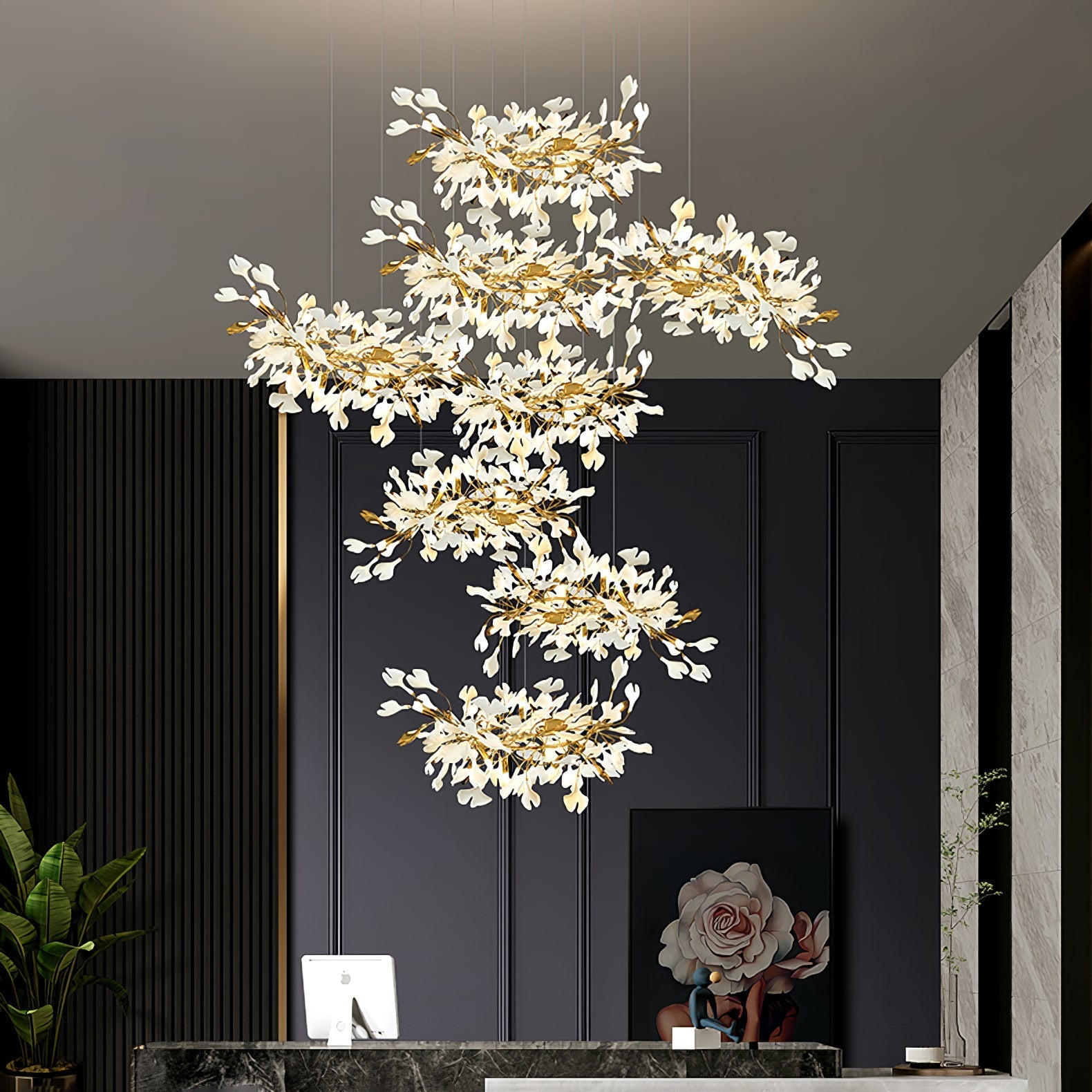 Gingko Leaves Chandelier - L 196.8″ x W 31.5″ x H 59.1″White & GoldBlushlighting