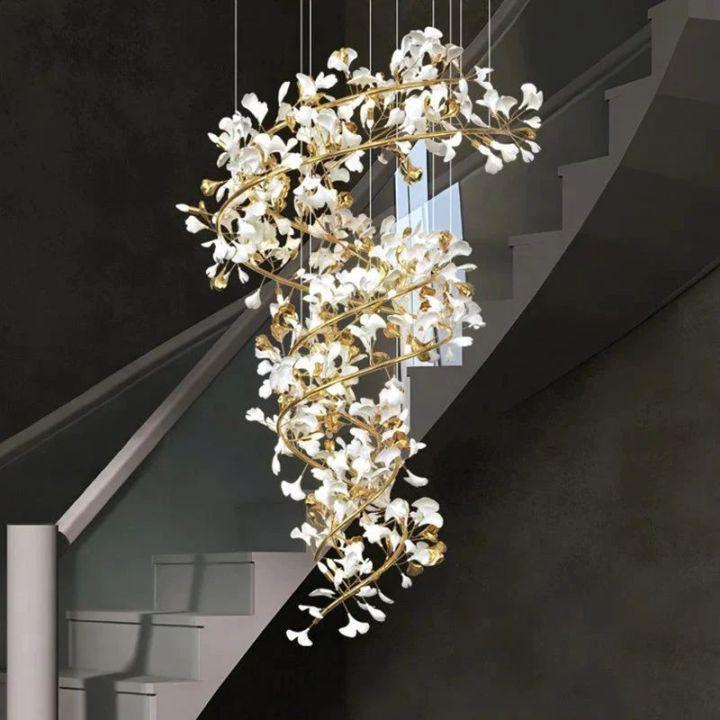 Ginkgo Cascading B (Spiral) Branch Chandelier - White + gold accentsH150CM (H59")Blushlighting