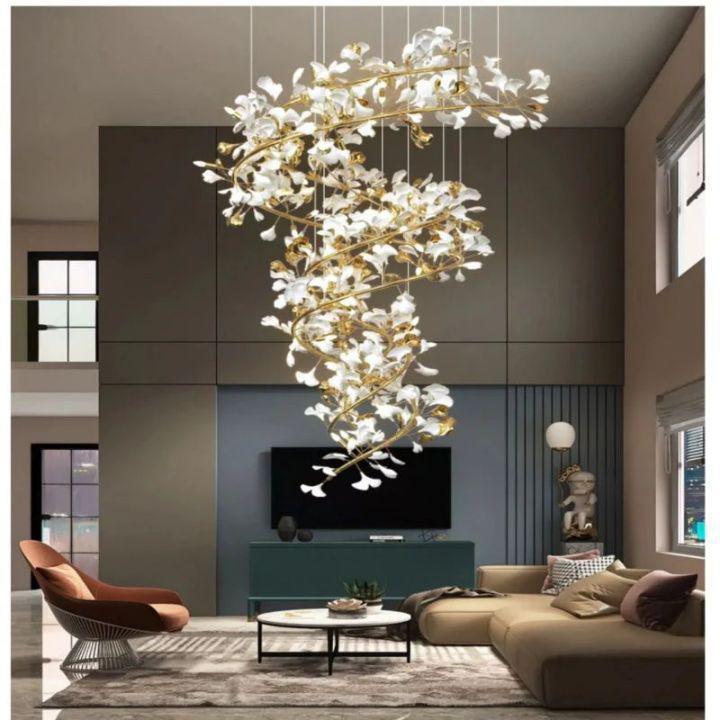 Ginkgo Cascading B (Spiral) Branch Chandelier - White + gold accentsH150CM (H59")Blushlighting