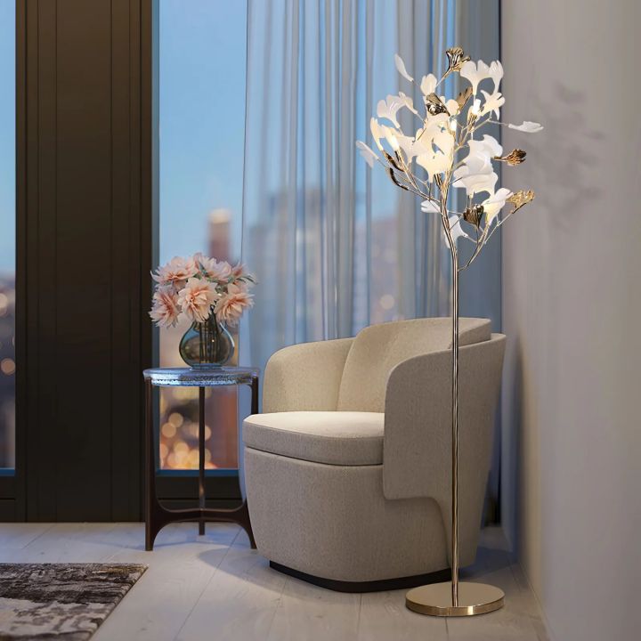 Gliss Gingko Ceramic Leaf Floor Lamp, Modern Stand Lamp - Gold & White Marble BaseBlushlighting