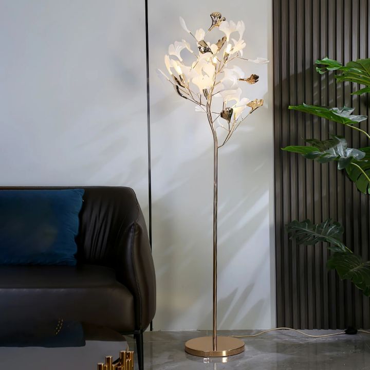 Gliss Gingko Ceramic Leaf Floor Lamp, Modern Stand Lamp - Gold & White Marble BaseBlushlighting